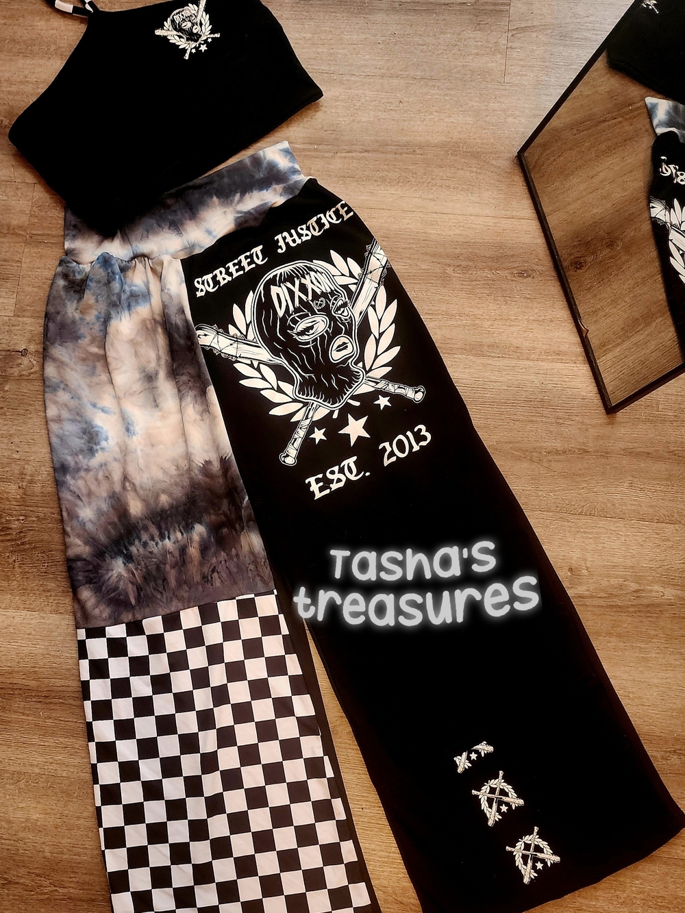 Handmade Upcycke  Black Graphic Patchwork Pants - Street Justice Dixxon Crop Top